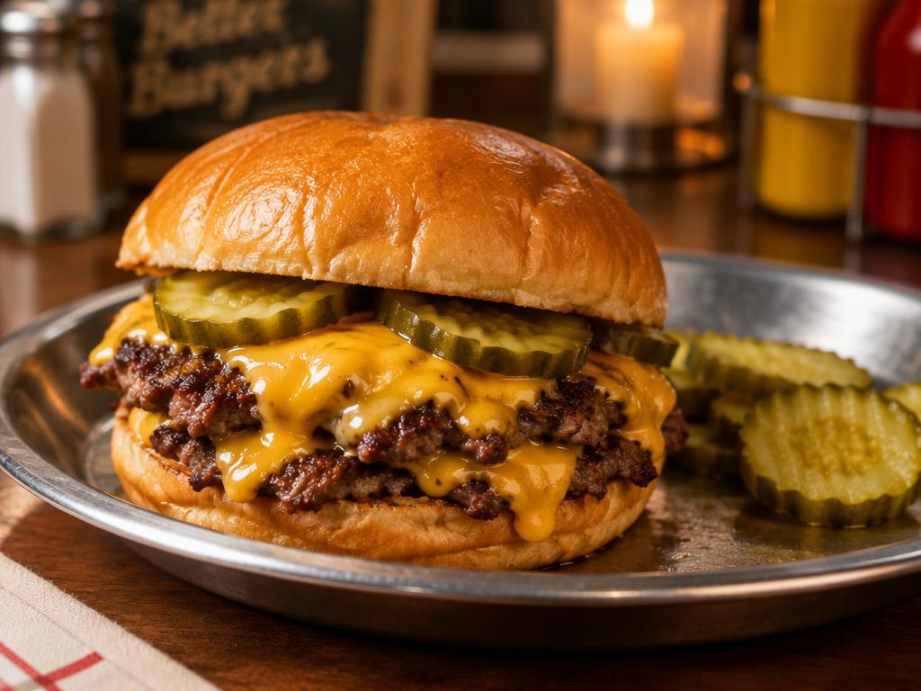 Smashed burger with a soft bun, melted cheese and pickles on a metal diner plate