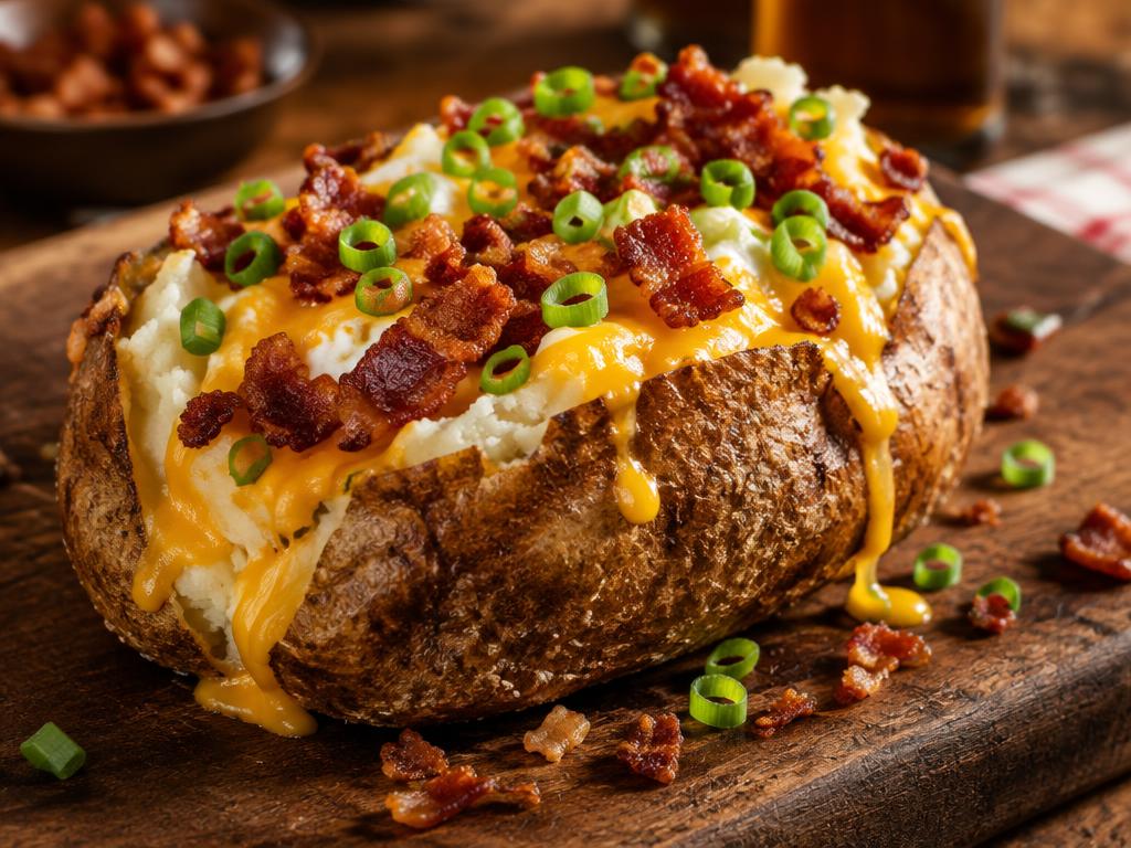 Loaded baked potato split open with melted cheddar, scallions and crispy bacon