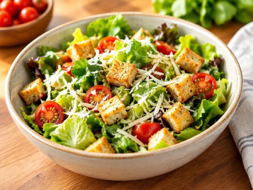 Fresh garden salad with greens, tomatoes and croutons in a ceramic bowl