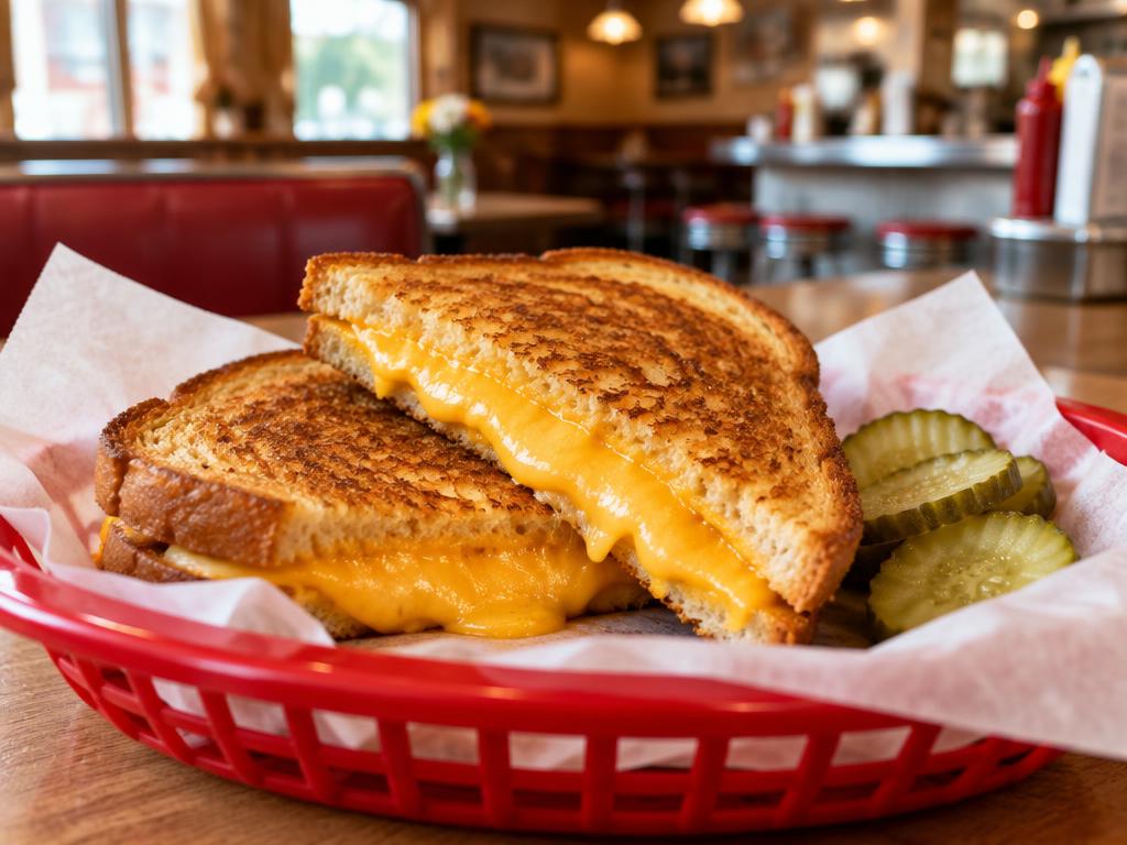 Hot grilled sandwich with melted cheese in a red diner basket