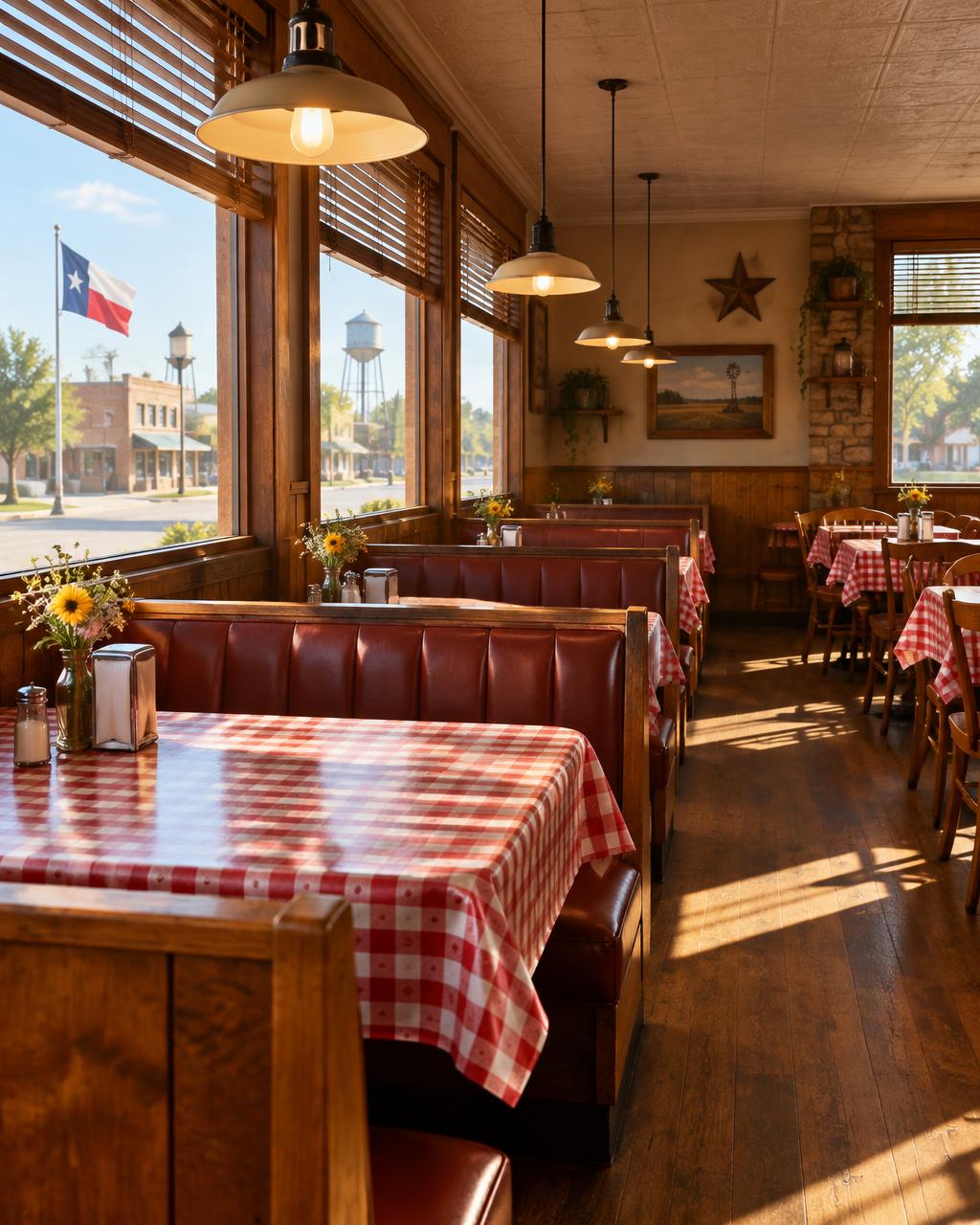Cozy small-town Texas diner interior with wooden booths and checkered tablecloths